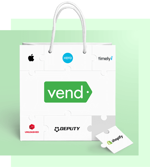 Shopping bag with a jigsaw puzzle on the front. Each piece of the jigsaw puzzle has a logo of a Vend partner